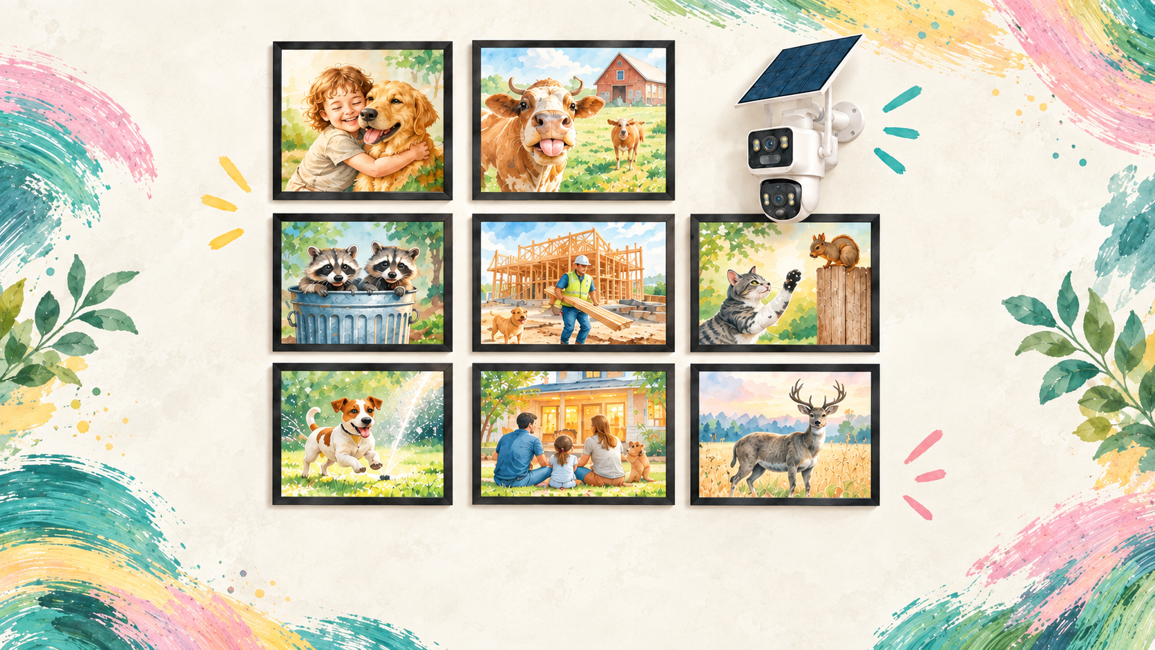 A watercolor gallery wall of funny family and pet moments with a white security camera
